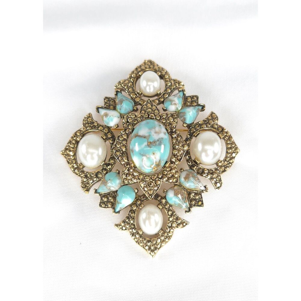 Vintage‎ Large Signed Sarah Coventry Brooch Pendant Faux Turquoise & Pearls